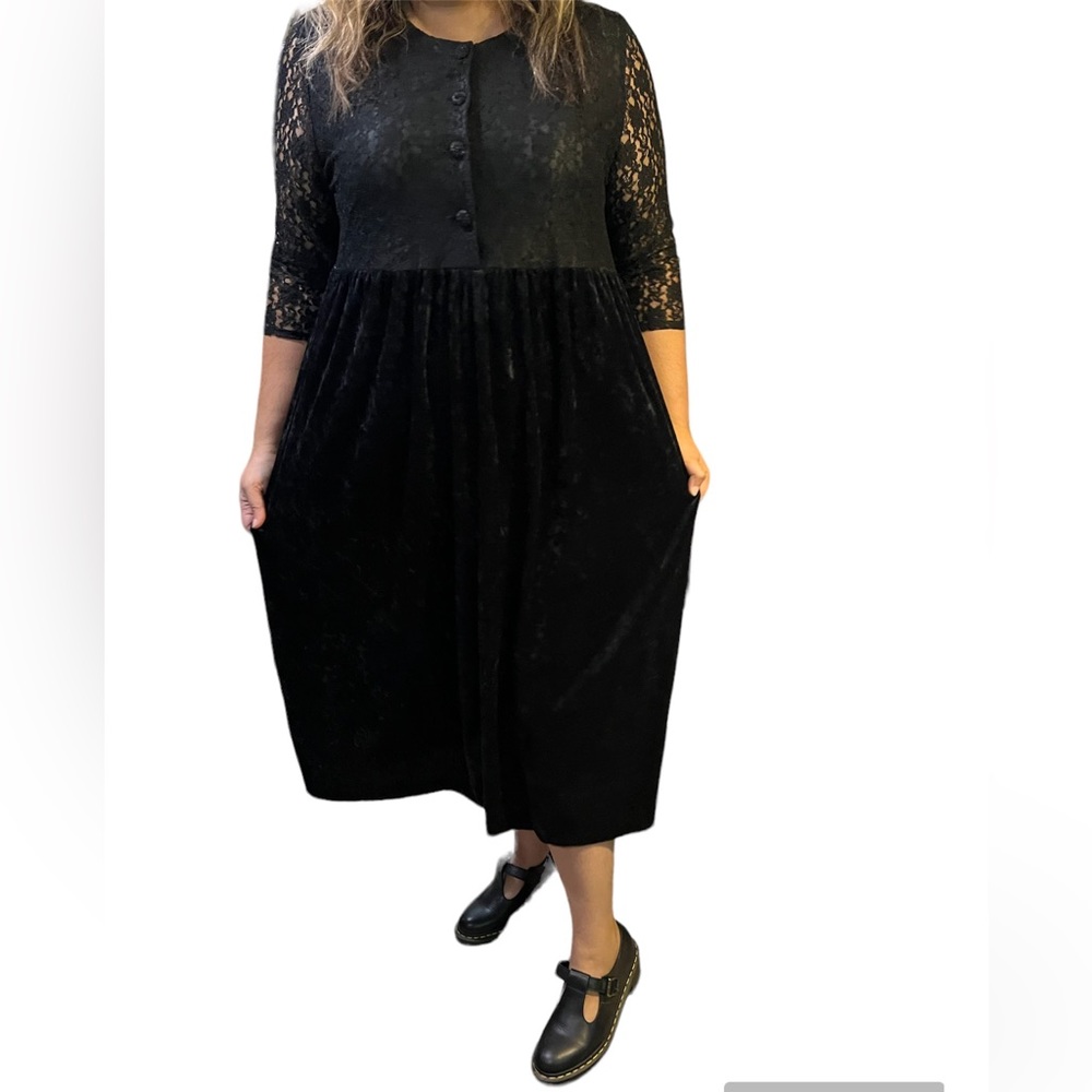 Vintage Black Lace Velvet Midi Dress